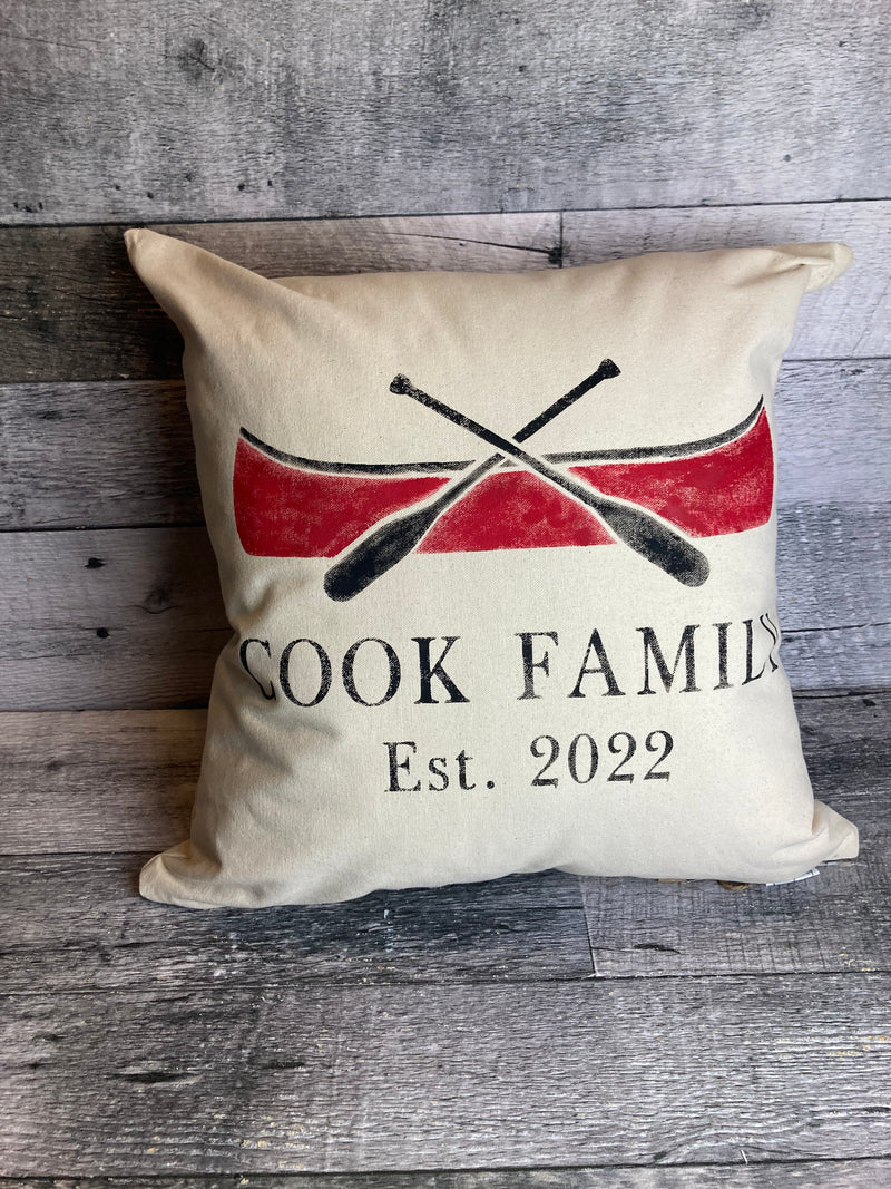 Custom Red Canoe Established Date and Family Name Pillow